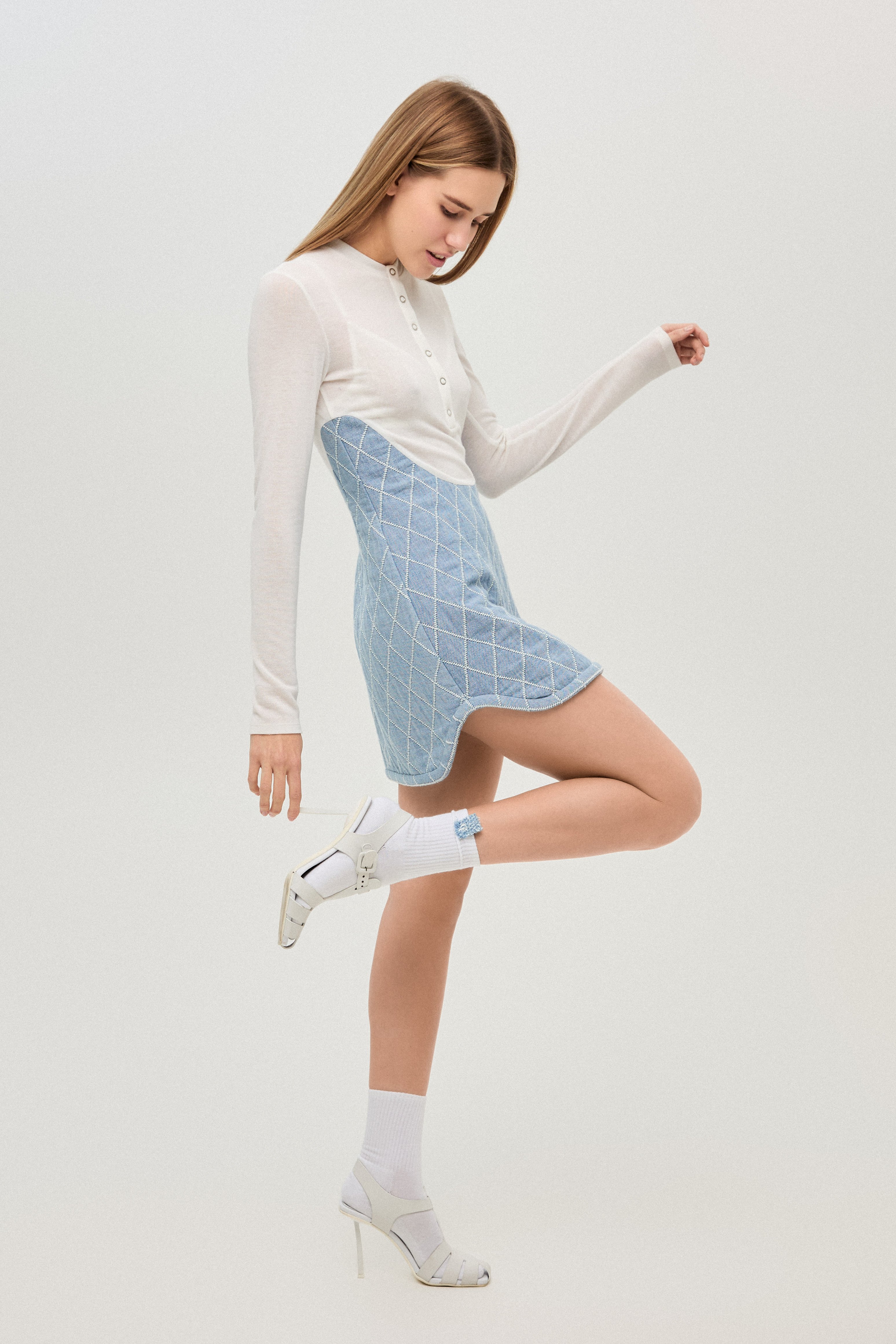 DENIM PIQUE AND WHITE COTTON MINI DRESS